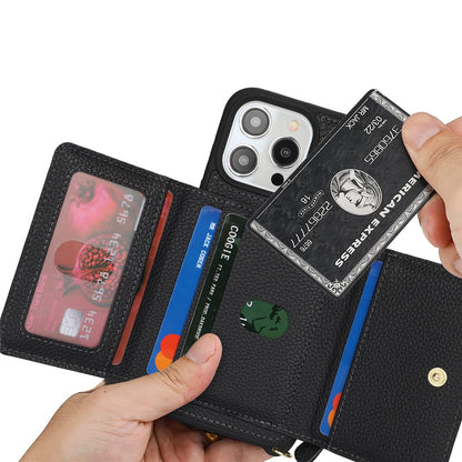 For iPhone 15 Pro Max Case Card Bag PU Leather+TPU Ring Kickstand Phone Cover with Long Strap
