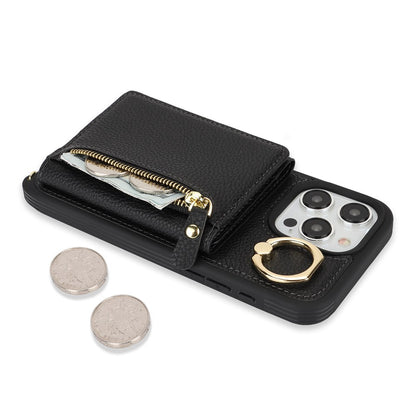 For iPhone 15 Pro Max Case Card Bag PU Leather+TPU Ring Kickstand Phone Cover with Long Strap