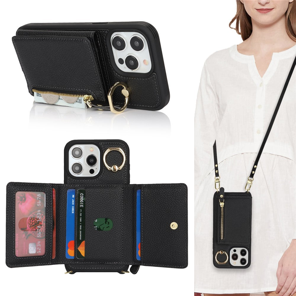 For iPhone 15 Pro Max Case Card Bag PU Leather+TPU Ring Kickstand Phone Cover with Long Strap