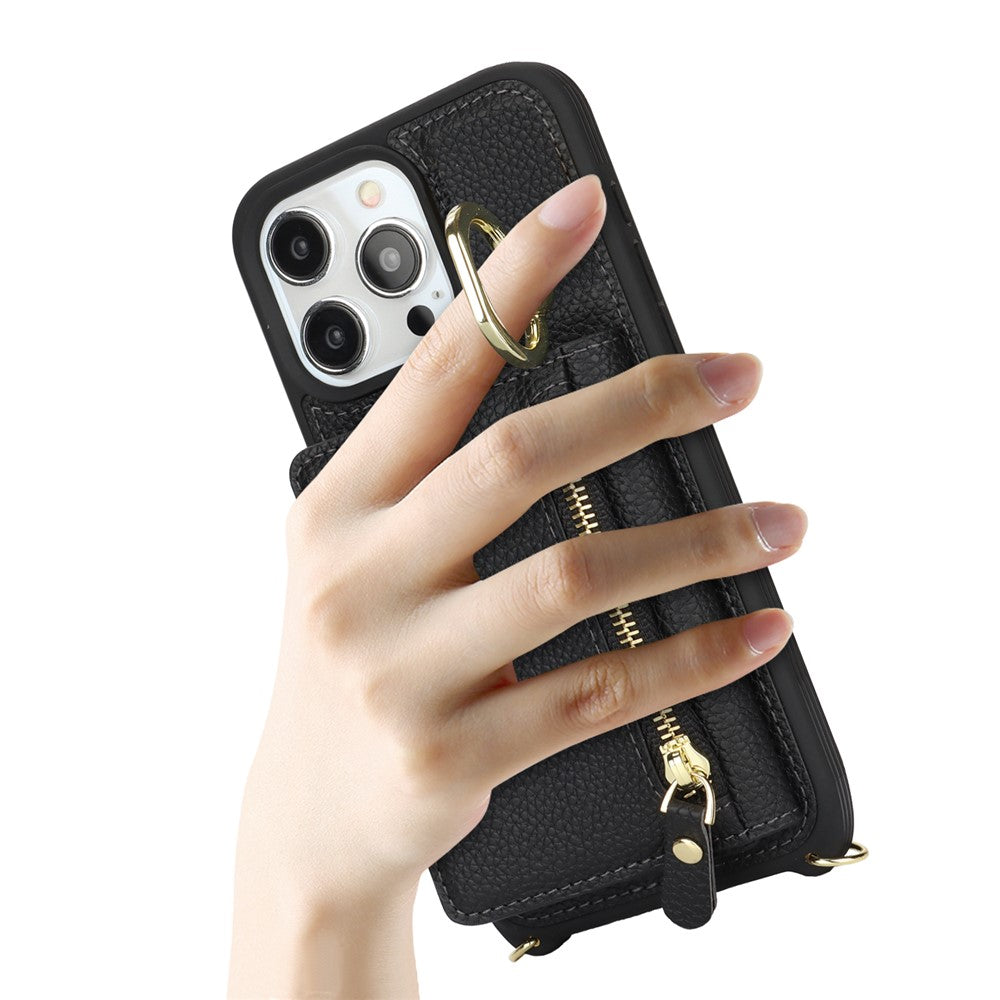 For iPhone 15 Pro Max Case Card Bag PU Leather+TPU Ring Kickstand Phone Cover with Long Strap