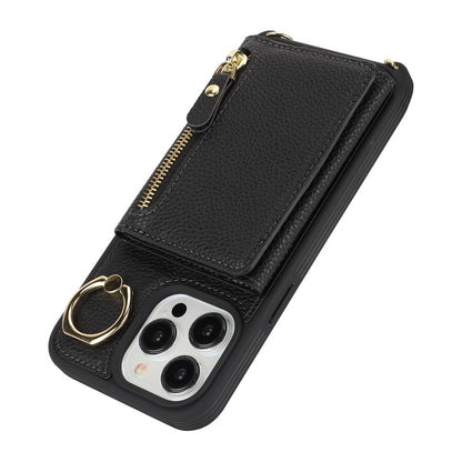 For iPhone 15 Pro Max Case Card Bag PU Leather+TPU Ring Kickstand Phone Cover with Long Strap