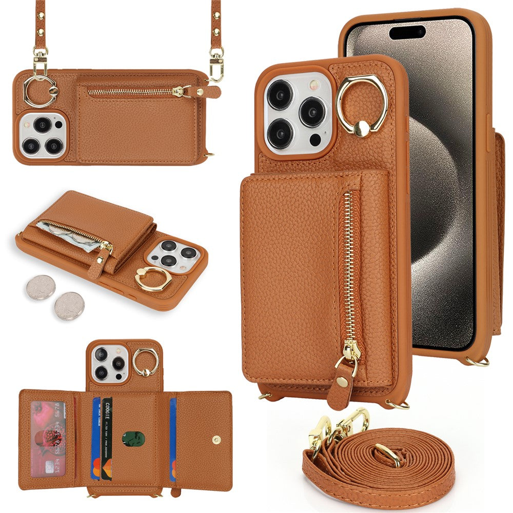For iPhone 15 Pro Max Case Card Bag PU Leather+TPU Ring Kickstand Phone Cover with Long Strap