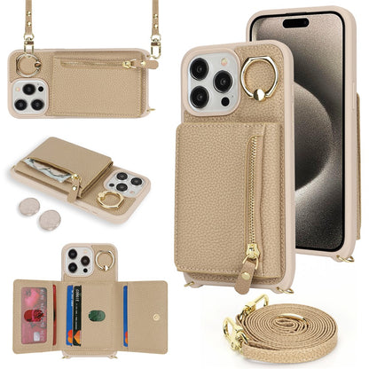 For iPhone 15 Pro Max Case Card Bag PU Leather+TPU Ring Kickstand Phone Cover with Long Strap