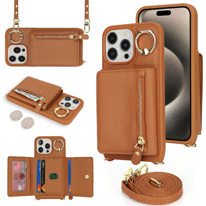 For iPhone 15 Pro Case Zipper Pocket Card Holder Leather+TPU Phone Cover with Ring Kickstand