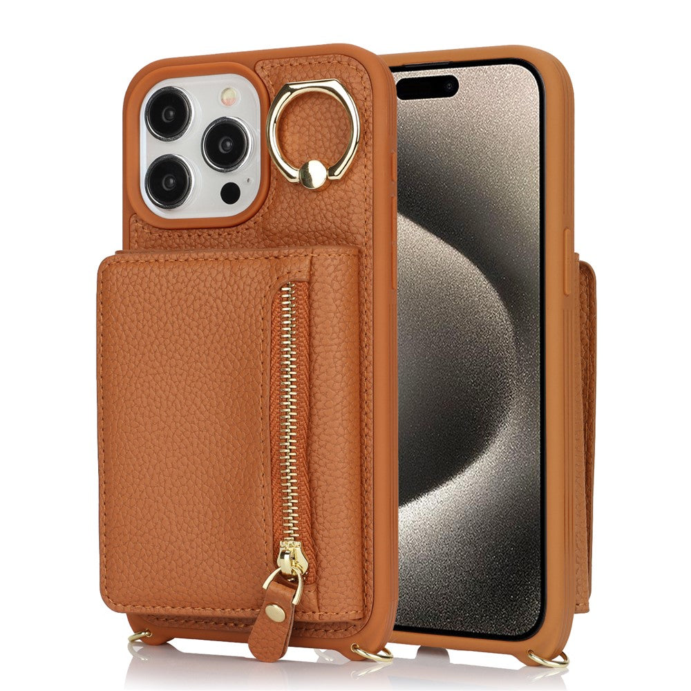 For iPhone 15 Pro Case Zipper Pocket Card Holder Leather+TPU Phone Cover with Ring Kickstand