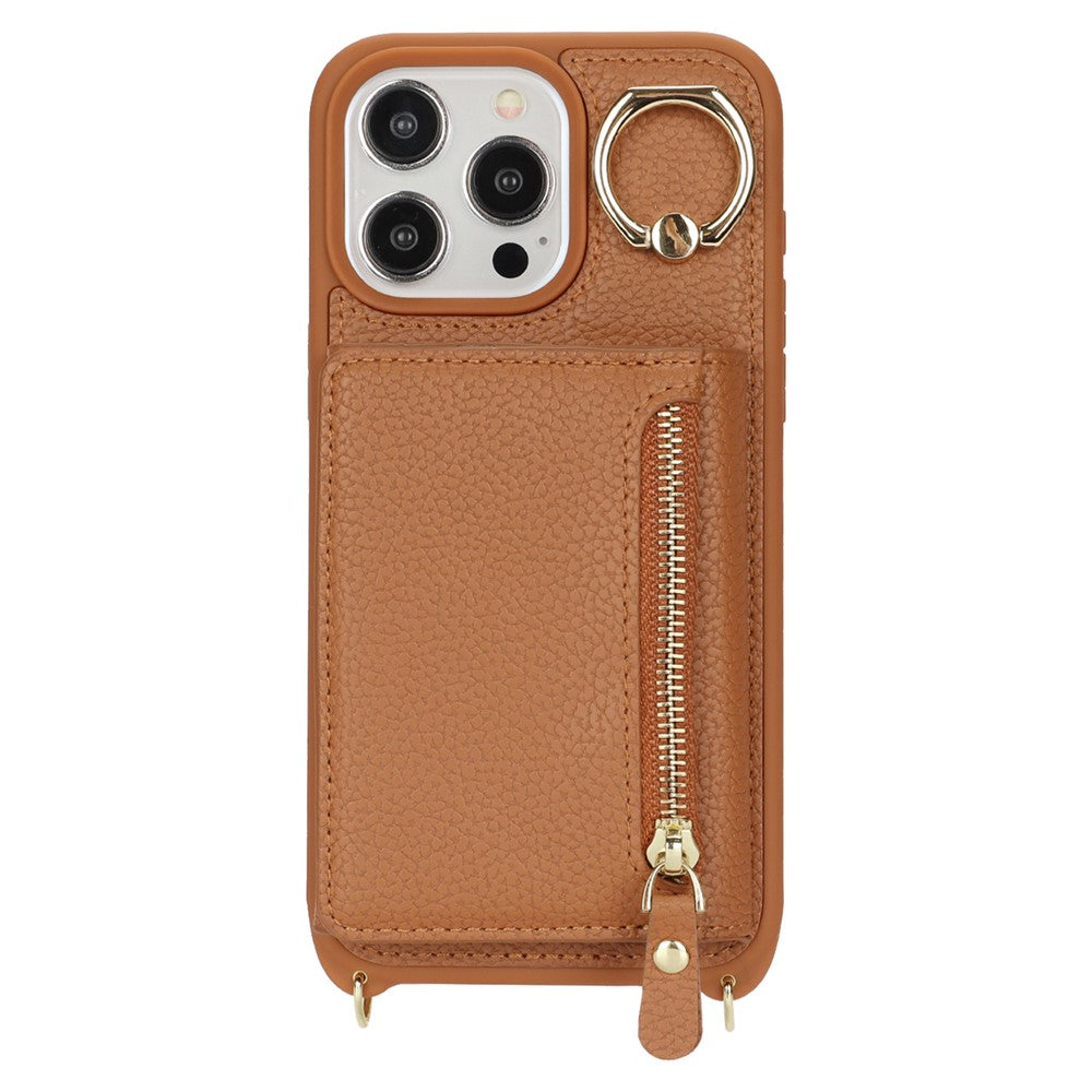 For iPhone 15 Pro Case Zipper Pocket Card Holder Leather+TPU Phone Cover with Ring Kickstand