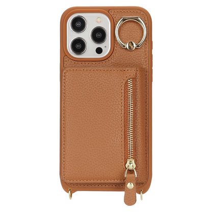 For iPhone 15 Pro Case Zipper Pocket Card Holder Leather+TPU Phone Cover with Ring Kickstand