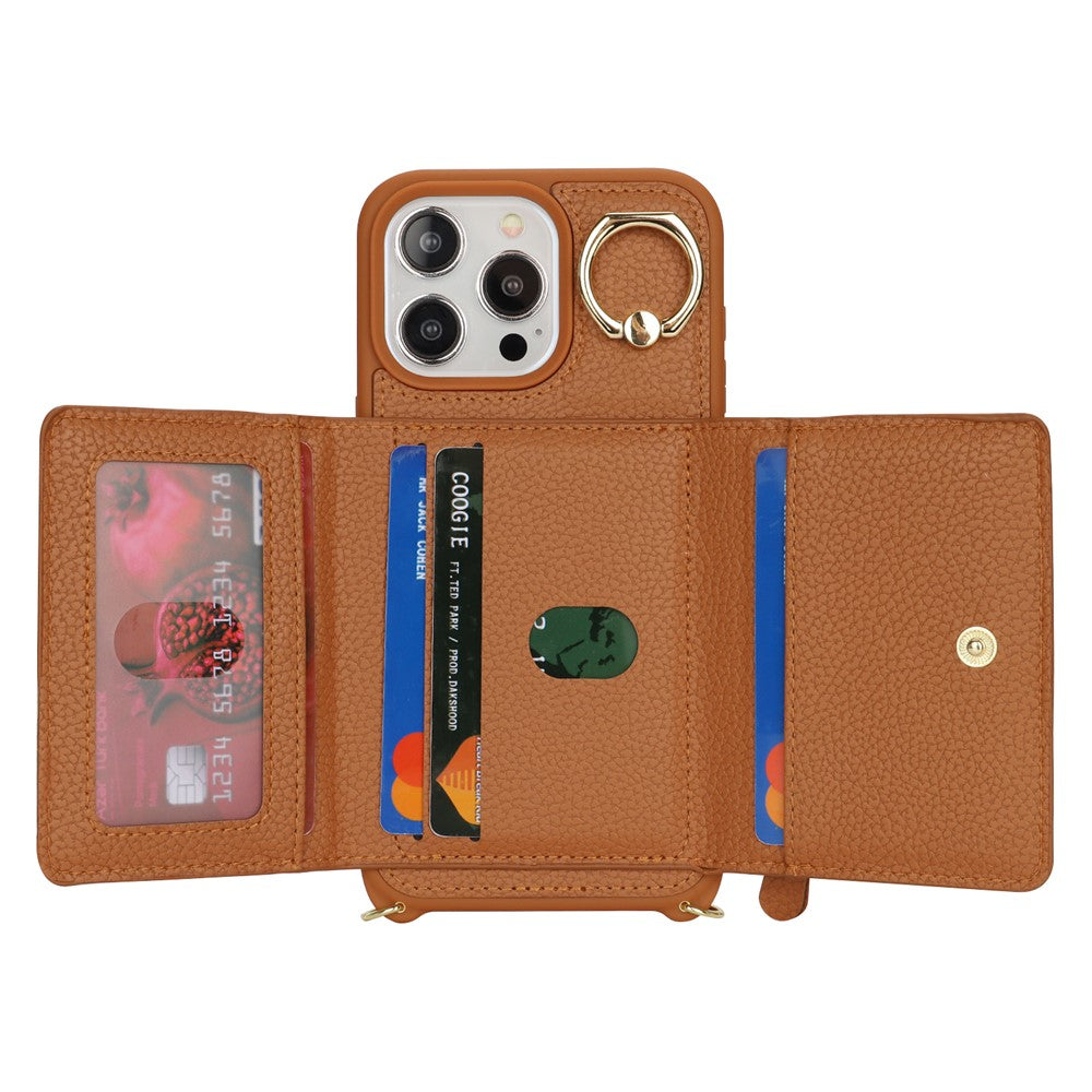 For iPhone 15 Pro Case Zipper Pocket Card Holder Leather+TPU Phone Cover with Ring Kickstand