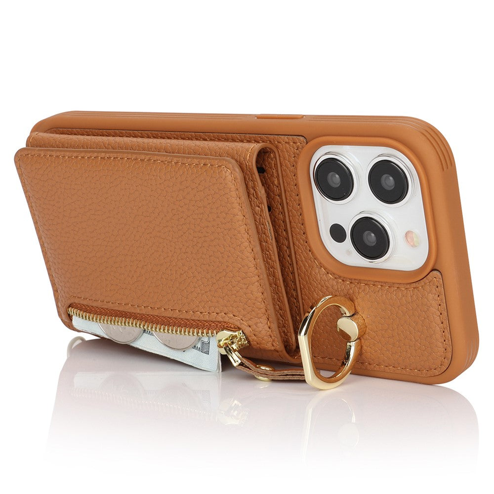 For iPhone 15 Pro Case Zipper Pocket Card Holder Leather+TPU Phone Cover with Ring Kickstand