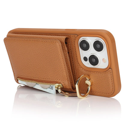 For iPhone 15 Pro Case Zipper Pocket Card Holder Leather+TPU Phone Cover with Ring Kickstand