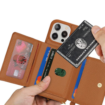 For iPhone 15 Pro Case Zipper Pocket Card Holder Leather+TPU Phone Cover with Ring Kickstand