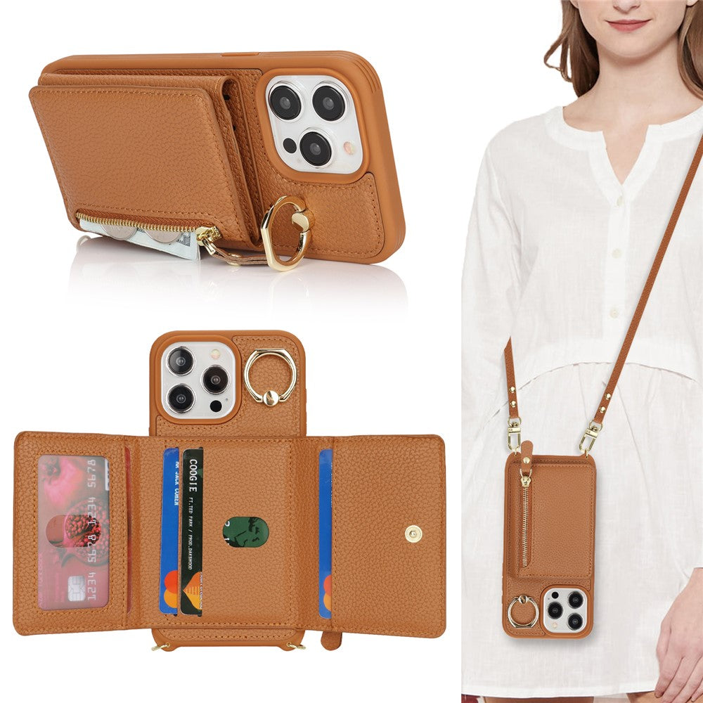 For iPhone 15 Pro Case Zipper Pocket Card Holder Leather+TPU Phone Cover with Ring Kickstand