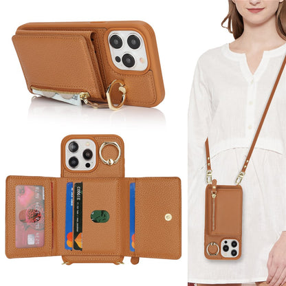 For iPhone 15 Pro Case Zipper Pocket Card Holder Leather+TPU Phone Cover with Ring Kickstand