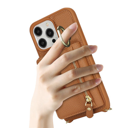 For iPhone 15 Pro Case Zipper Pocket Card Holder Leather+TPU Phone Cover with Ring Kickstand