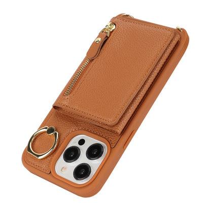 For iPhone 15 Pro Case Zipper Pocket Card Holder Leather+TPU Phone Cover with Ring Kickstand
