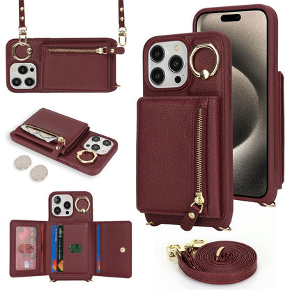 For iPhone 15 Pro Case Zipper Pocket Card Holder Leather+TPU Phone Cover with Ring Kickstand