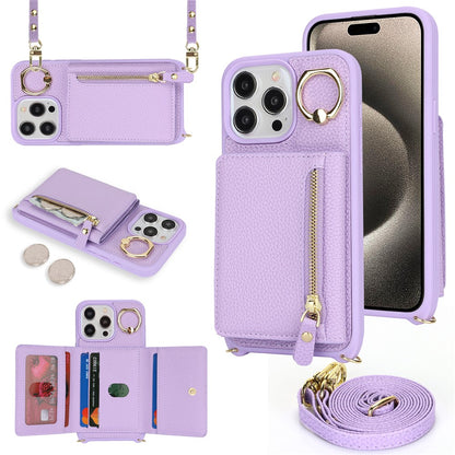 For iPhone 15 Pro Case Zipper Pocket Card Holder Leather+TPU Phone Cover with Ring Kickstand