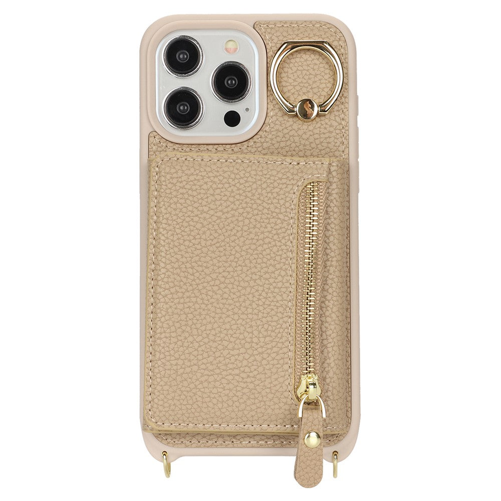 For iPhone 14 Pro Case Card Bag Ring Kickstand PU Leather+TPU Phone Cover with Shoulder Strap