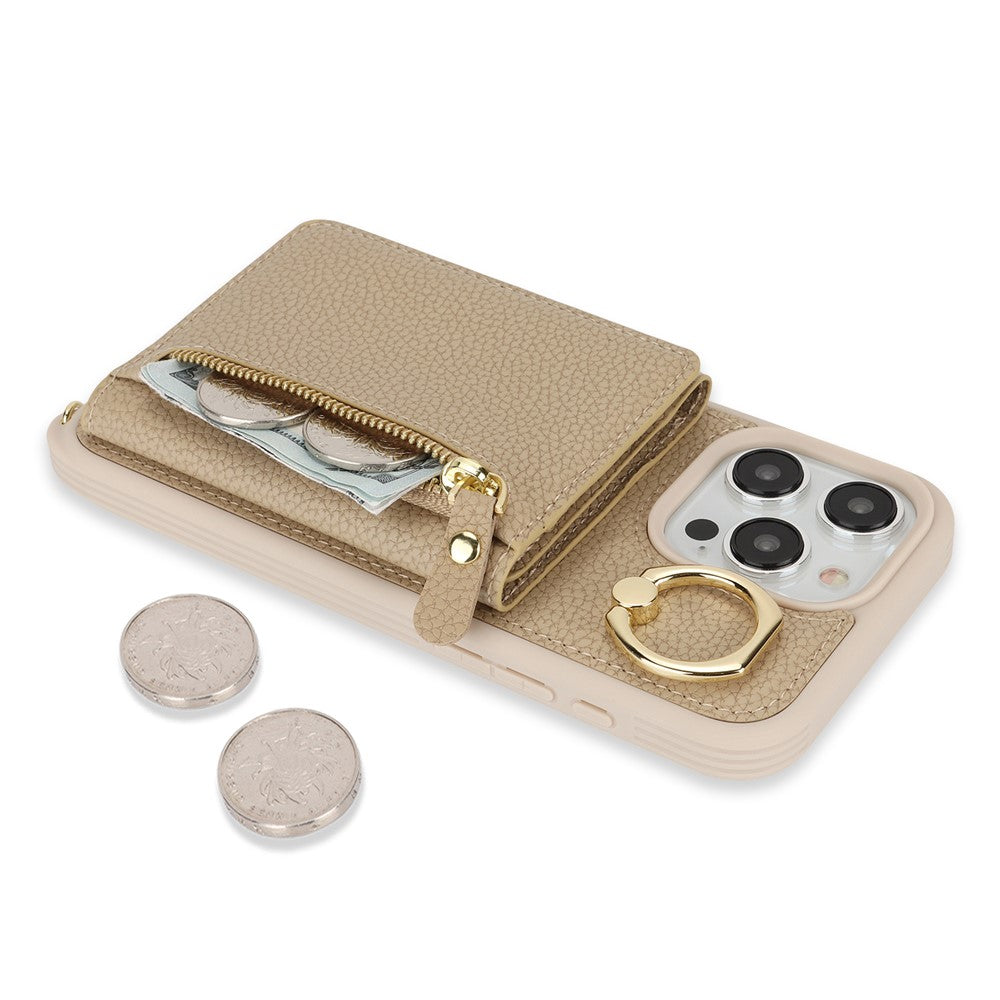 For iPhone 14 Pro Case Card Bag Ring Kickstand PU Leather+TPU Phone Cover with Shoulder Strap