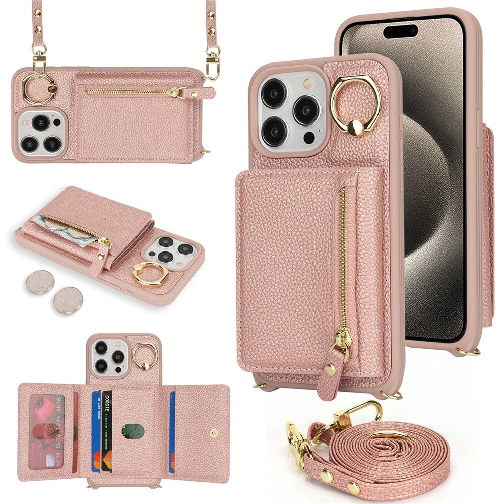 For iPhone 14 Pro Case Card Bag Ring Kickstand PU Leather+TPU Phone Cover with Shoulder Strap
