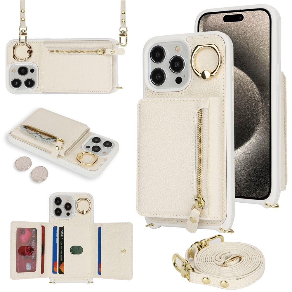 For iPhone 14 Pro Case Card Bag Ring Kickstand PU Leather+TPU Phone Cover with Shoulder Strap