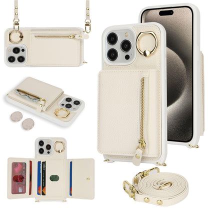 For iPhone 14 Pro Case Card Bag Ring Kickstand PU Leather+TPU Phone Cover with Shoulder Strap