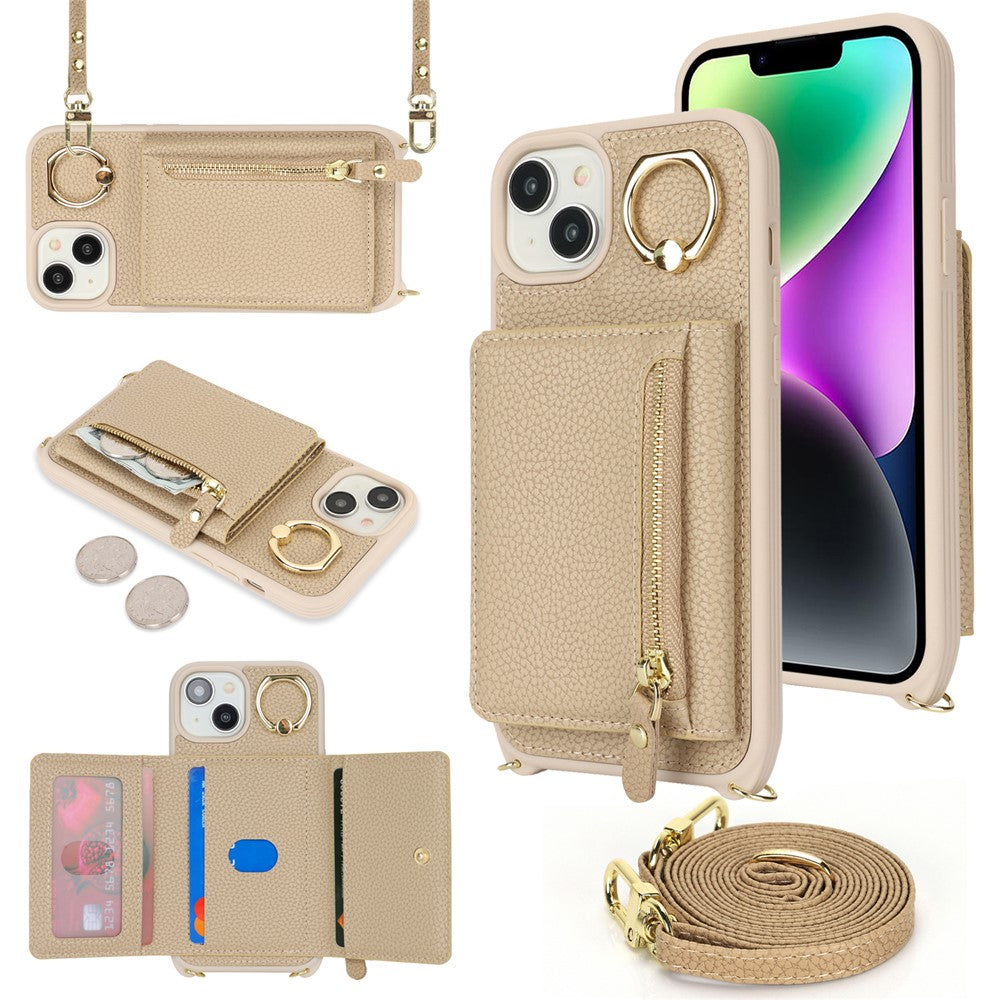 For iPhone 14 / 13 Case Litchi Texture Card Bag Leather+TPU Crossbody Phone Cover with Ring Kickstand