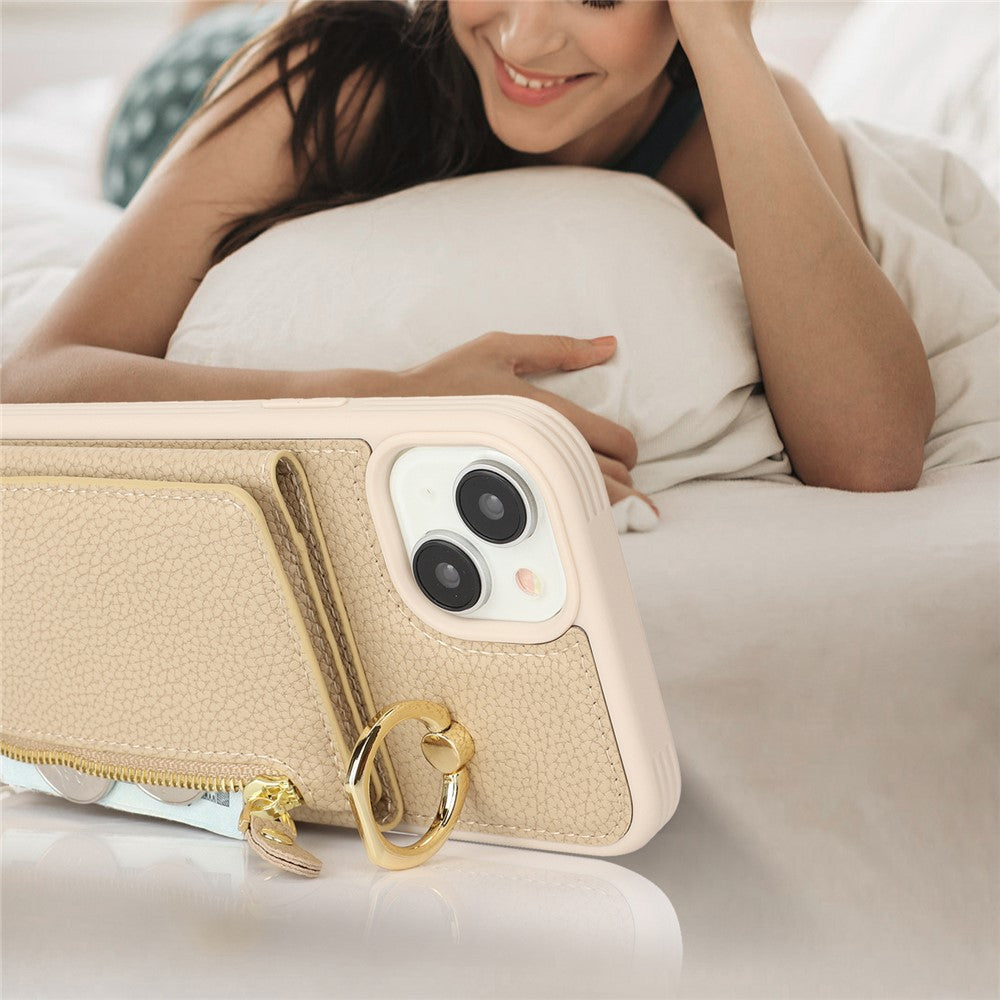 For iPhone 14 / 13 Case Litchi Texture Card Bag Leather+TPU Crossbody Phone Cover with Ring Kickstand
