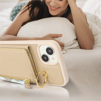For iPhone 14 / 13 Case Litchi Texture Card Bag Leather+TPU Crossbody Phone Cover with Ring Kickstand