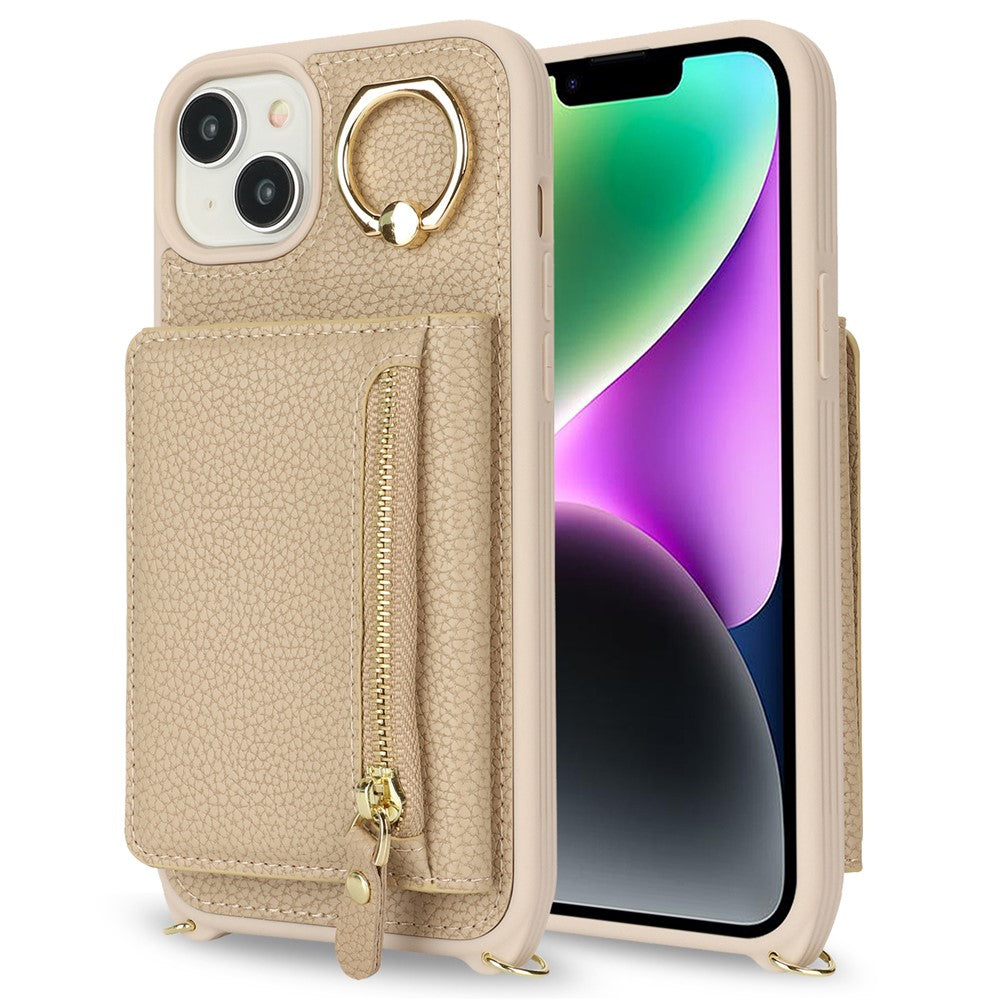 For iPhone 14 / 13 Case Litchi Texture Card Bag Leather+TPU Crossbody Phone Cover with Ring Kickstand
