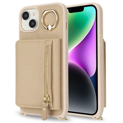 For iPhone 14 / 13 Case Litchi Texture Card Bag Leather+TPU Crossbody Phone Cover with Ring Kickstand