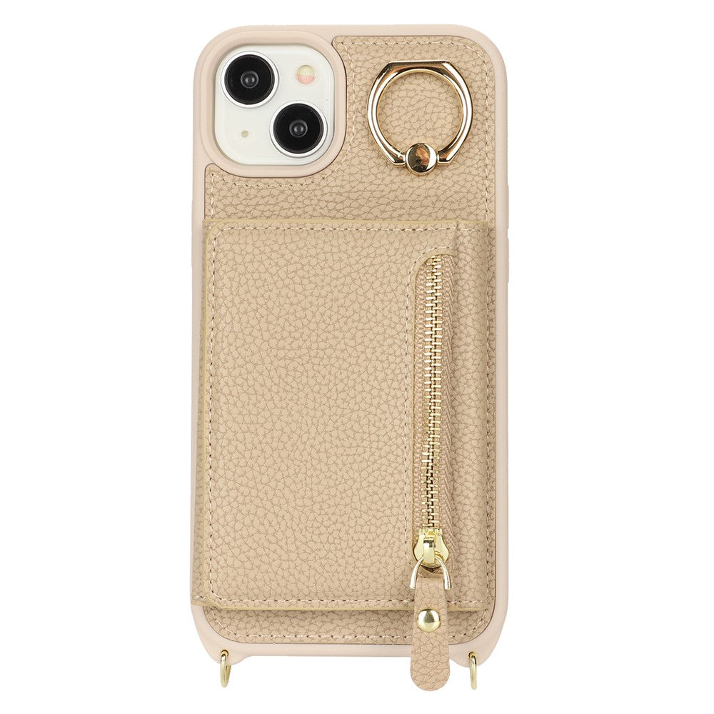 For iPhone 14 / 13 Case Litchi Texture Card Bag Leather+TPU Crossbody Phone Cover with Ring Kickstand