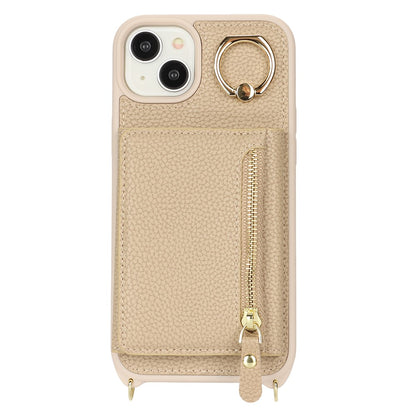 For iPhone 14 / 13 Case Litchi Texture Card Bag Leather+TPU Crossbody Phone Cover with Ring Kickstand