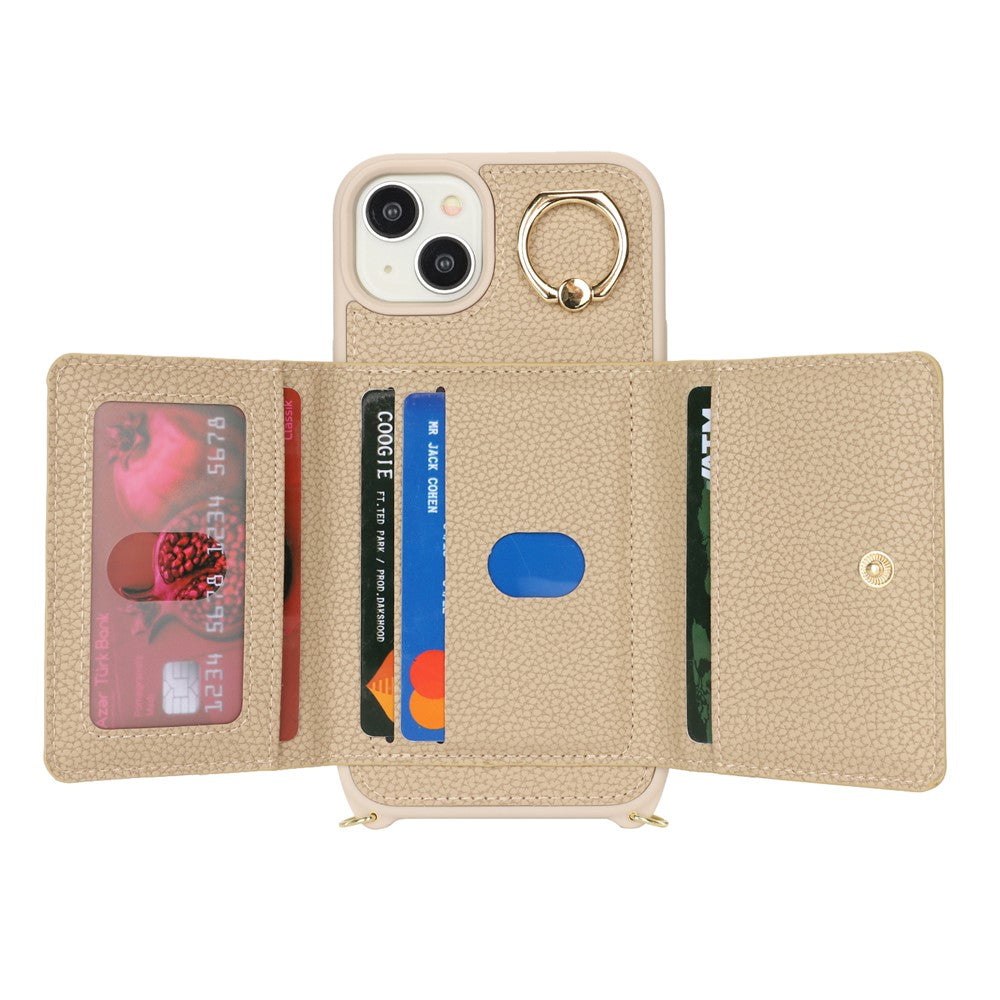 For iPhone 14 / 13 Case Litchi Texture Card Bag Leather+TPU Crossbody Phone Cover with Ring Kickstand