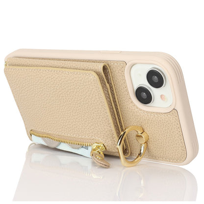 For iPhone 14 / 13 Case Litchi Texture Card Bag Leather+TPU Crossbody Phone Cover with Ring Kickstand