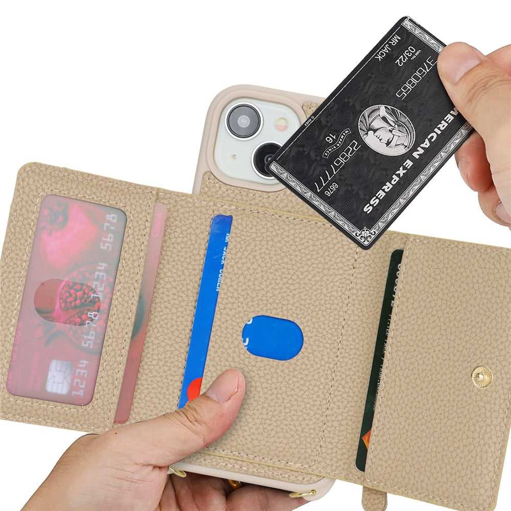 For iPhone 14 / 13 Case Litchi Texture Card Bag Leather+TPU Crossbody Phone Cover with Ring Kickstand