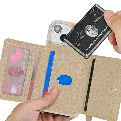 For iPhone 14 / 13 Case Litchi Texture Card Bag Leather+TPU Crossbody Phone Cover with Ring Kickstand