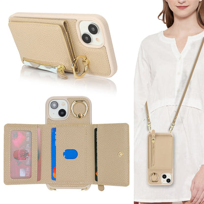 For iPhone 14 / 13 Case Litchi Texture Card Bag Leather+TPU Crossbody Phone Cover with Ring Kickstand