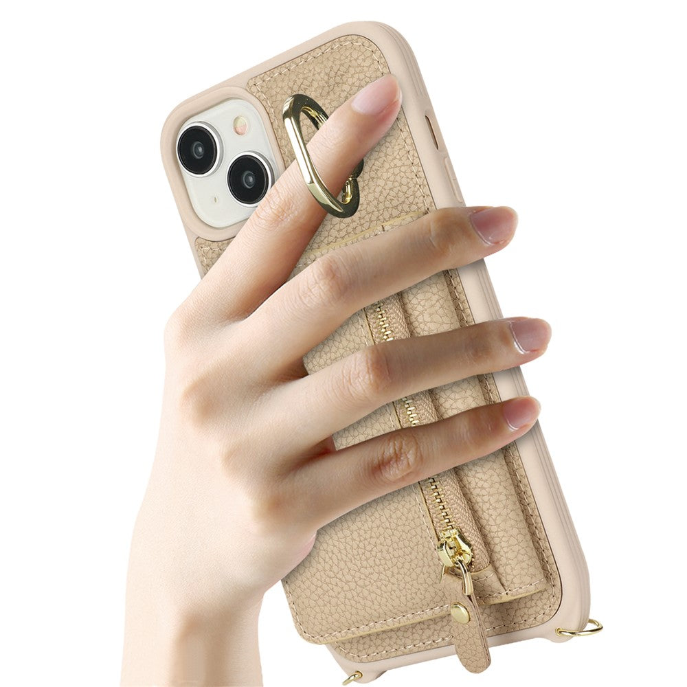 For iPhone 14 / 13 Case Litchi Texture Card Bag Leather+TPU Crossbody Phone Cover with Ring Kickstand