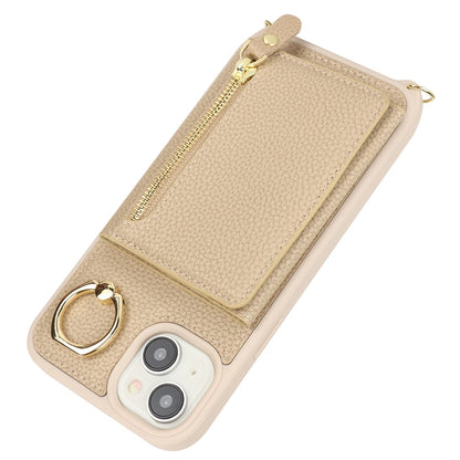 For iPhone 14 / 13 Case Litchi Texture Card Bag Leather+TPU Crossbody Phone Cover with Ring Kickstand