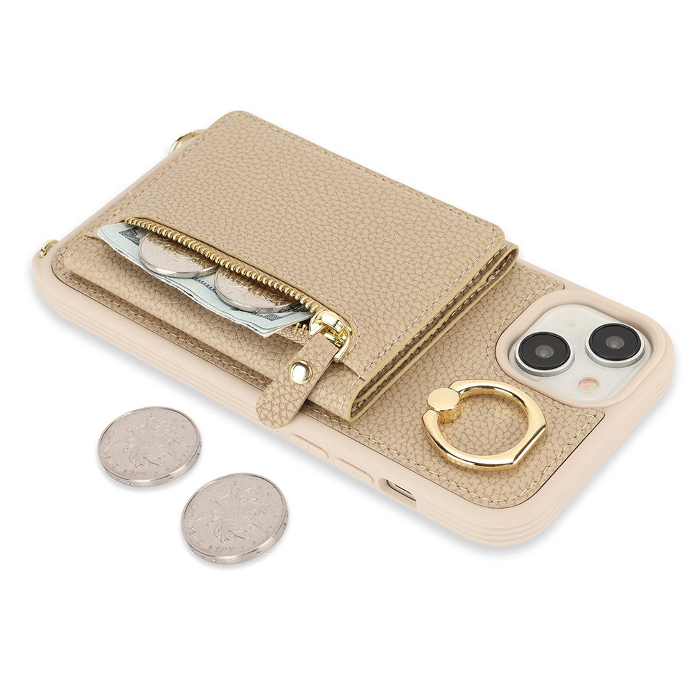 For iPhone 14 / 13 Case Litchi Texture Card Bag Leather+TPU Crossbody Phone Cover with Ring Kickstand