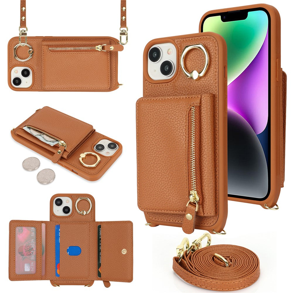 For iPhone 14 / 13 Case Litchi Texture Card Bag Leather+TPU Crossbody Phone Cover with Ring Kickstand
