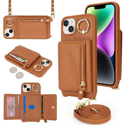 For iPhone 14 / 13 Case Litchi Texture Card Bag Leather+TPU Crossbody Phone Cover with Ring Kickstand