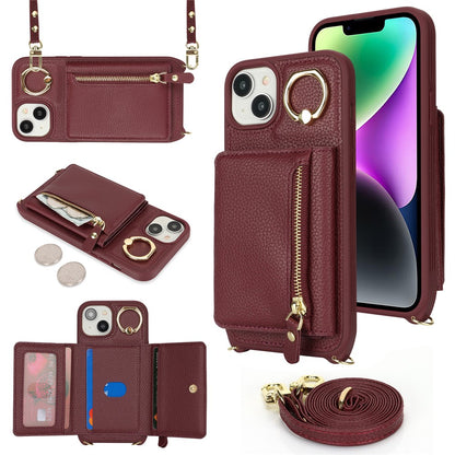 For iPhone 14 / 13 Case Litchi Texture Card Bag Leather+TPU Crossbody Phone Cover with Ring Kickstand