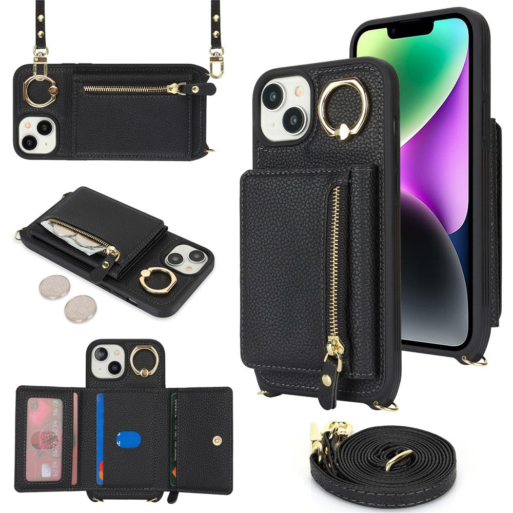 For iPhone 14 / 13 Case Litchi Texture Card Bag Leather+TPU Crossbody Phone Cover with Ring Kickstand