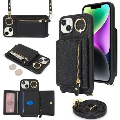 For iPhone 14 / 13 Case Litchi Texture Card Bag Leather+TPU Crossbody Phone Cover with Ring Kickstand