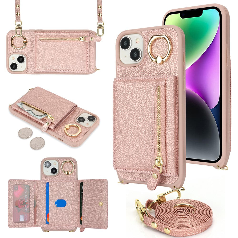 For iPhone 14 / 13 Case Litchi Texture Card Bag Leather+TPU Crossbody Phone Cover with Ring Kickstand