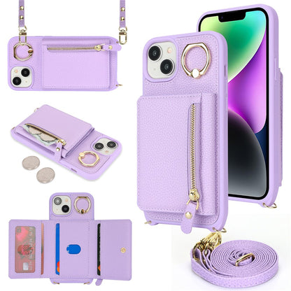 For iPhone 14 / 13 Case Litchi Texture Card Bag Leather+TPU Crossbody Phone Cover with Ring Kickstand