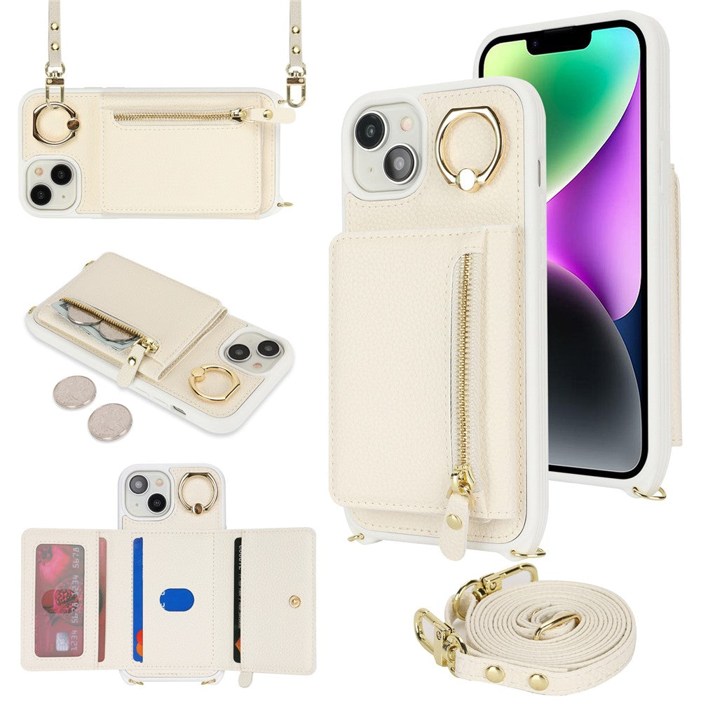 For iPhone 14 / 13 Case Litchi Texture Card Bag Leather+TPU Crossbody Phone Cover with Ring Kickstand