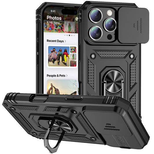 For iPhone 16 Pro Max Case Ring Kickstand Slide Camera Lid PC+TPU Phone Cover